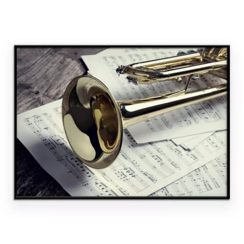 Poster Trompet en bladmuziek op oude houten tafel. Vintage-stijl.