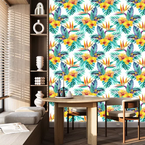 Behang Tropische bladeren en bloemen. Bloemen ontwerp achtergrond.