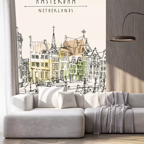 Sticker Amsterdam uitzicht op de stad. Vector hand getekend vintage ansichtkaart of poster