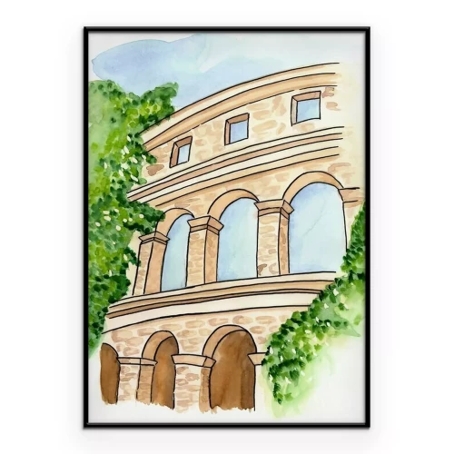 Poster Een tekening van een fragment van het Romeinse Colosseum in een groene omgeving.