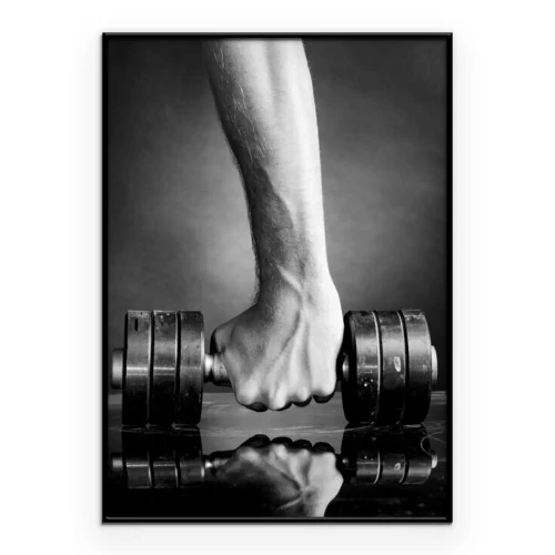 Poster Hand die een gewicht vasthoudt, in zwart-wit.