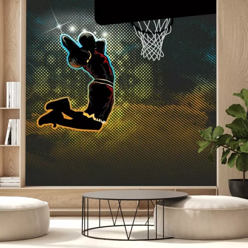 Fotobehang Een basketballer springt naar de basket
