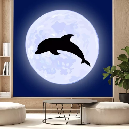 Sticker vector illusration van het springen dolfijn op nachthemel met volle maan op de achtergrond