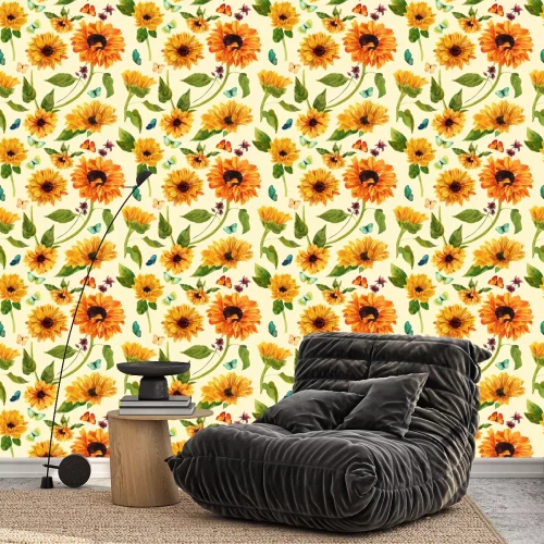 Behang Kleurrijke vlinders en zonnebloemen