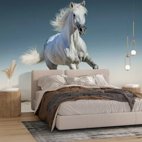 Fotobehang Lopend wit paard op het zand