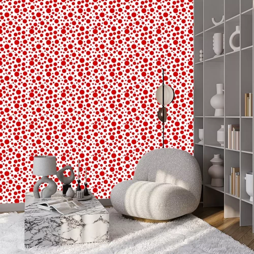 Behang Wit patroon met rode stippen van verschillende grootte