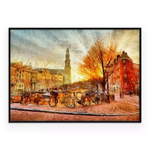 Poster Een artistieke foto van een zonsondergang in Amsterdam.