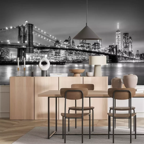 Fotobehang Panorama van New York City met de Brooklyn Bridge bij nacht