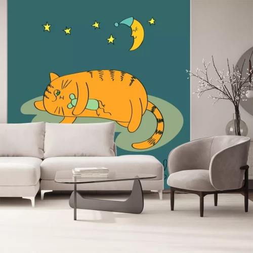 Sticker Babykat slaapt met een afbeelding voor het slapen gaan van een knuffeldier