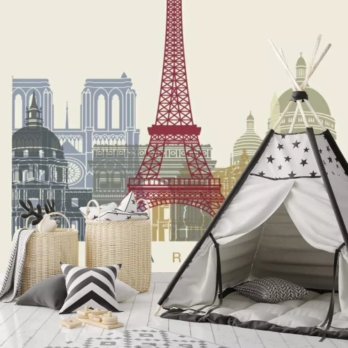 Fotobehang Parijse monumenten in een geïllustreerd perspectief