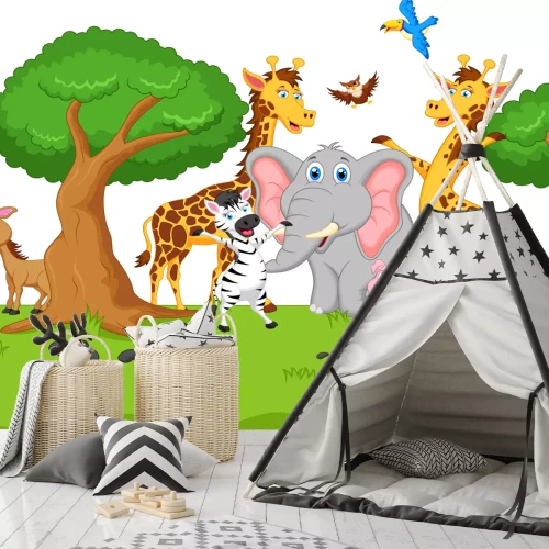 Sticker Vrolijke dieren op het gras tussen de bomen