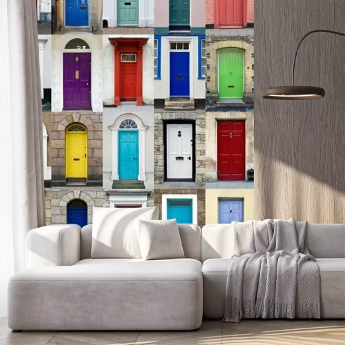 Fotobehang Verticale fotocollage van 25 voordeuren