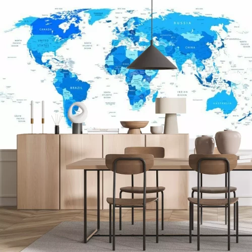 Fotobehang Politieke kaart van de wereld in tinten blauw