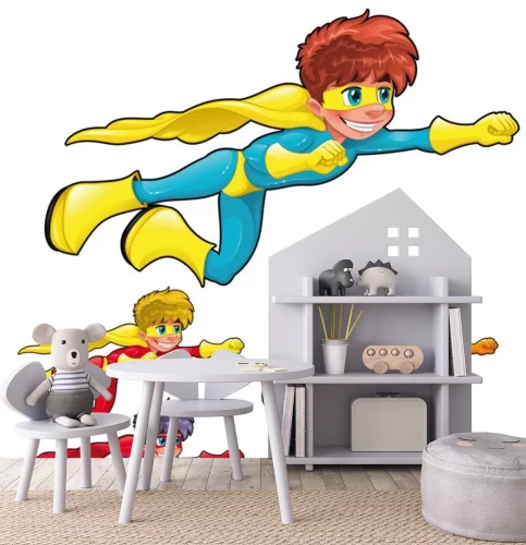 Sticker Jonge vliegende superhelden in kleurrijke kostuums