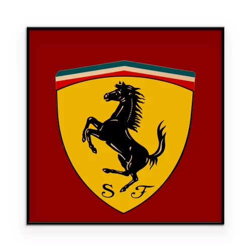 Poster Ferrari-logo met een zwart paard op een gele achtergrond.