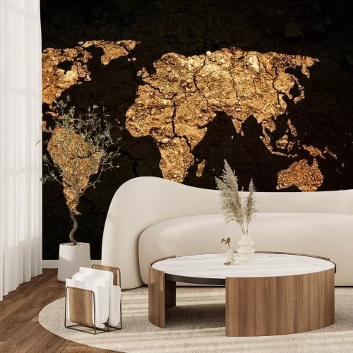 Fotobehang Gouden wereldkaart op een zwarte achtergrond
