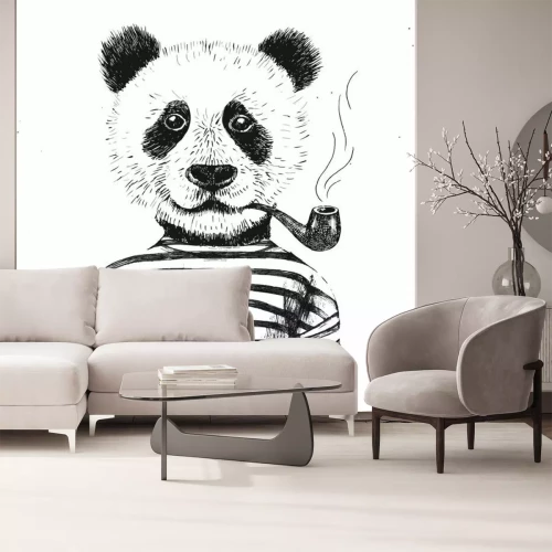 Fotobehang Jeugdschets van een panda met een pijp