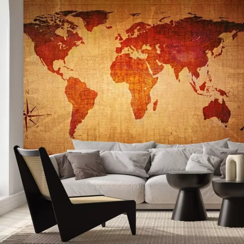 Fotobehang Wereldkaart in grungestijl in oranje en bordeauxrode tinten