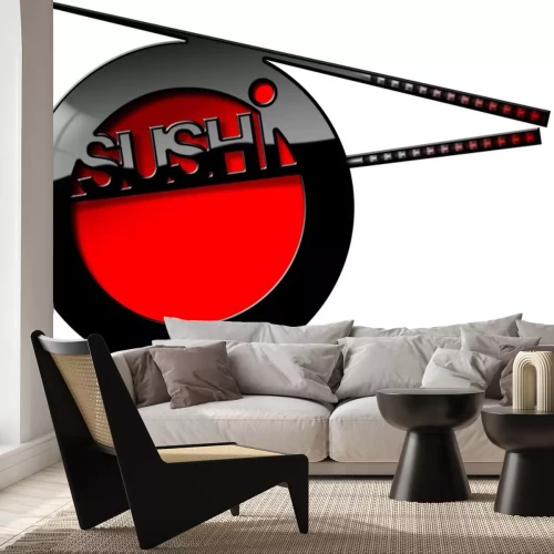 Sticker Sushi Menu - Banner met Chopsticks / rode en zwarte banner met stokjes en tekst sushi. Sjabloon voor een sushi menu op een witte achtergrond