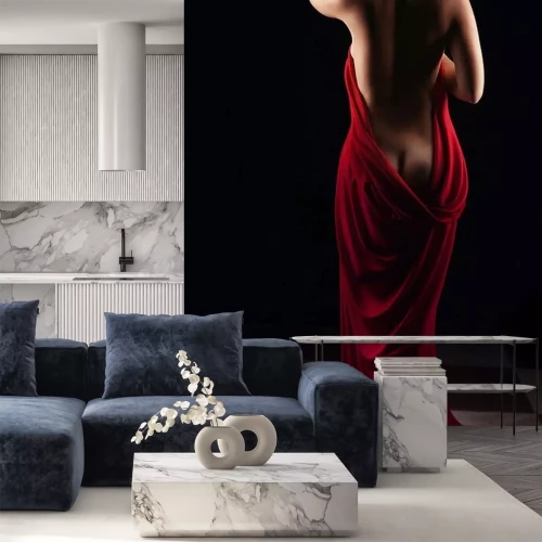 Fotobehang De blote rug van een vrouw in een rode jurk