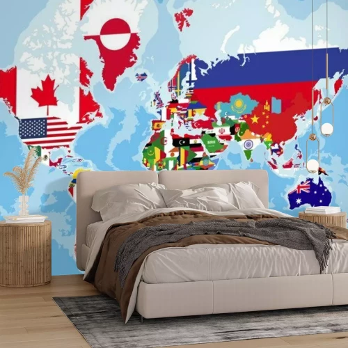 Fotobehang Politieke wereldkaart met landenvlaggen