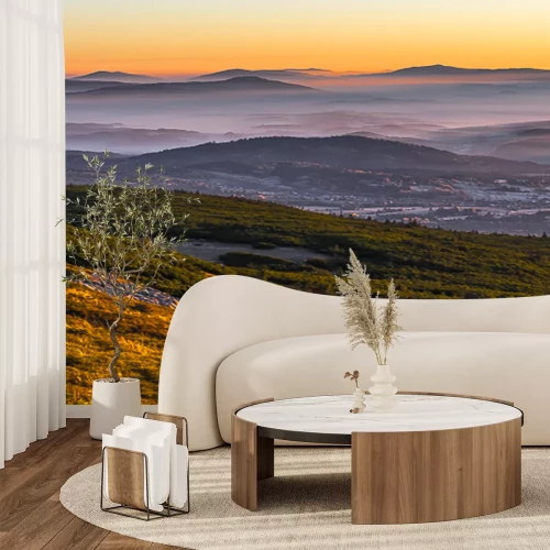 Fotobehang Bergen stad en zonsondergang