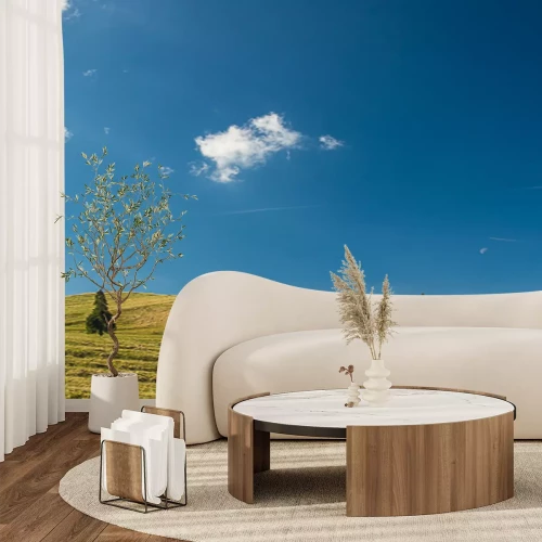 Fotobehang Veld met groen en blauwe lucht