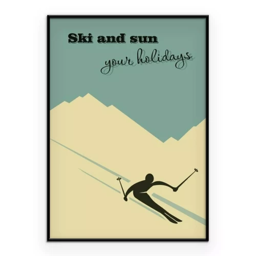 Poster Een skiër op een helling, afgebeeld in een retro posterstijl.