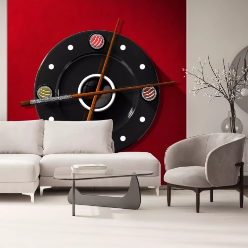 Sticker Sushi Time Concept - Klok / Clock samengesteld door een zwarte plaat met houten eetstokjes en zilver op de plaats van de klok handen en vier sushi broodjes. Op een rood fluweel achtergrond