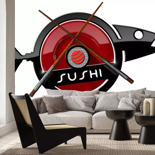 Sticker Sushi - icoon met houten eetstokjes / of symbool in de vorm van vissen met rode plaat, houten en zilveren eetstokjes, sushi roll en tekst sushi. Geïsoleerd op witte achtergrond