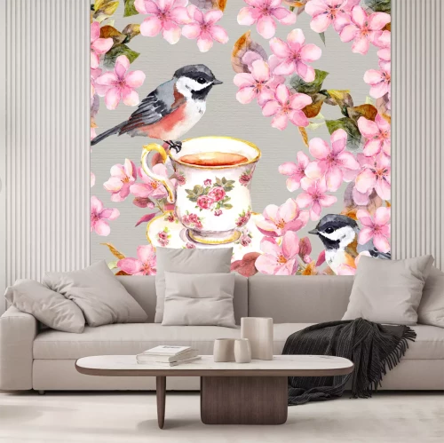 Sticker Lente vogels en een kopje