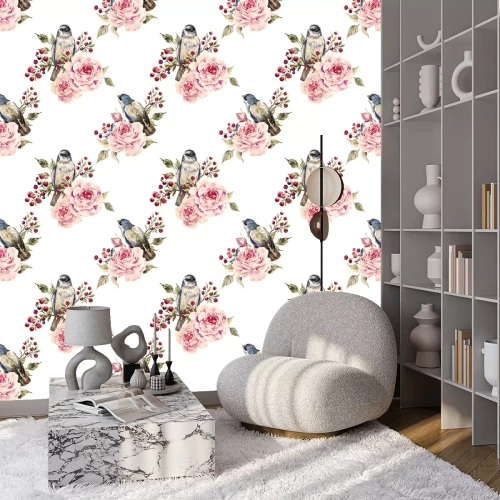 Behang Rozen en lijsterbessen op een witte achtergrond