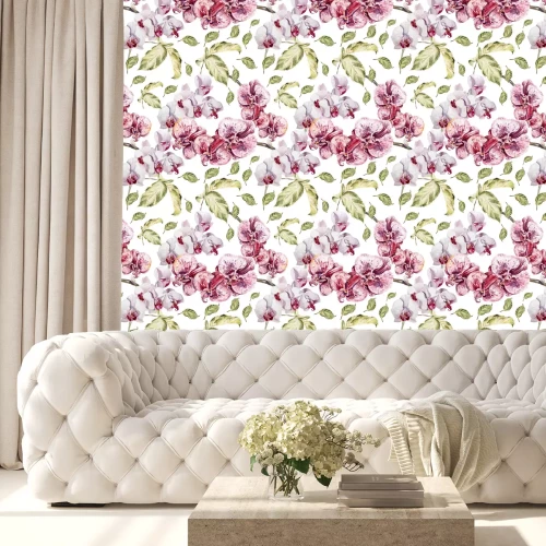 Behang Naadloos patroon met bloemen en bladeren orchidee.