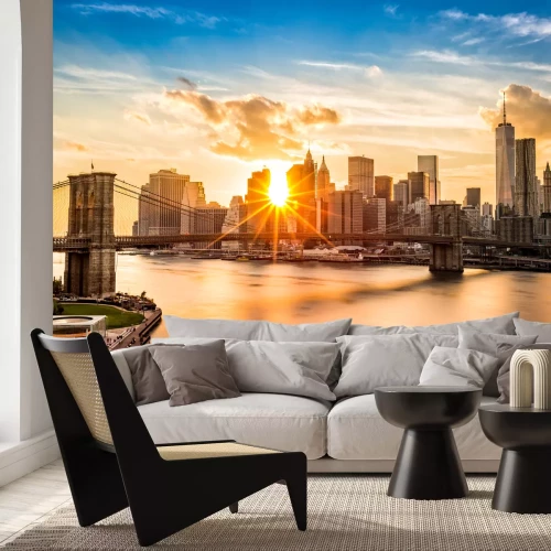 Fotobehang Zonsondergang tussen gebouwen in New York