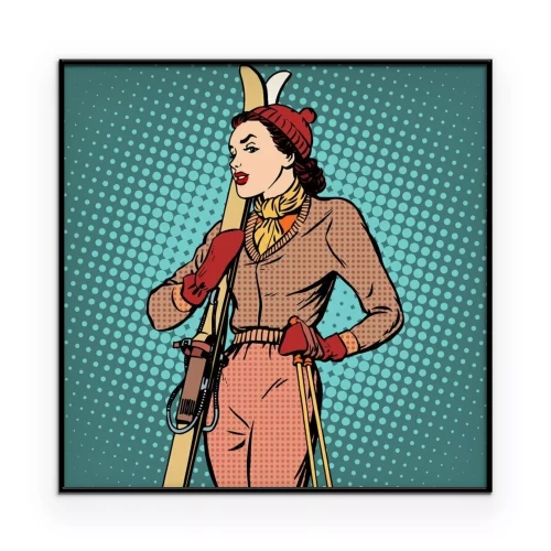 Poster Retro-achtige afbeelding van een vrouw op ski's.