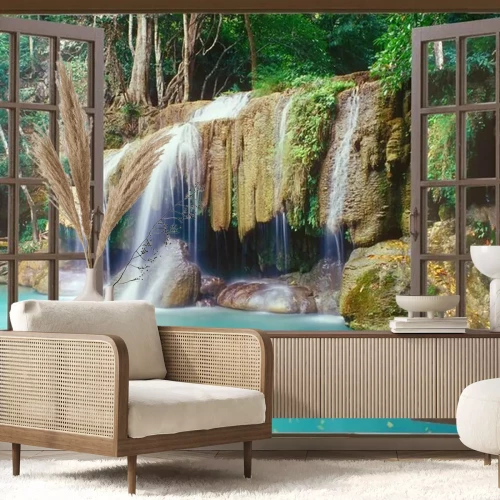 Fotobehang Venster met een tropisch watervallandschap