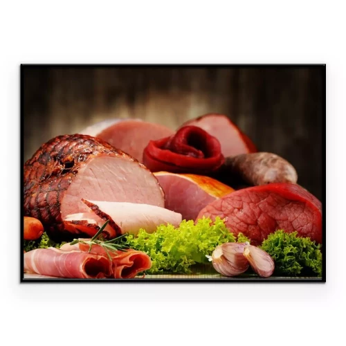 Poster Een compositie met diverse soorten ham en vleeswaren.