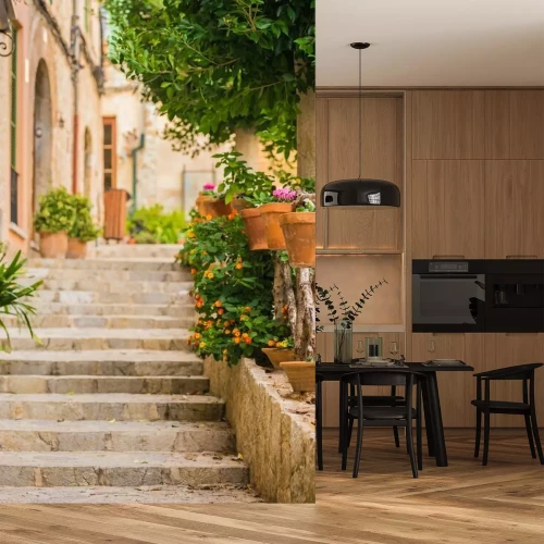 Fotobehang Stenen trap in een pittoresk straatje