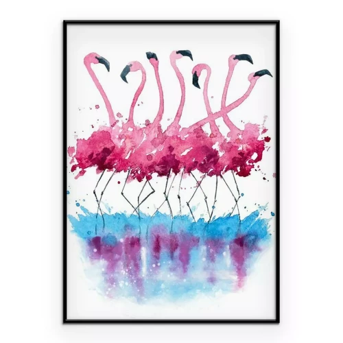Poster Een zwerm aquarelflamingo's