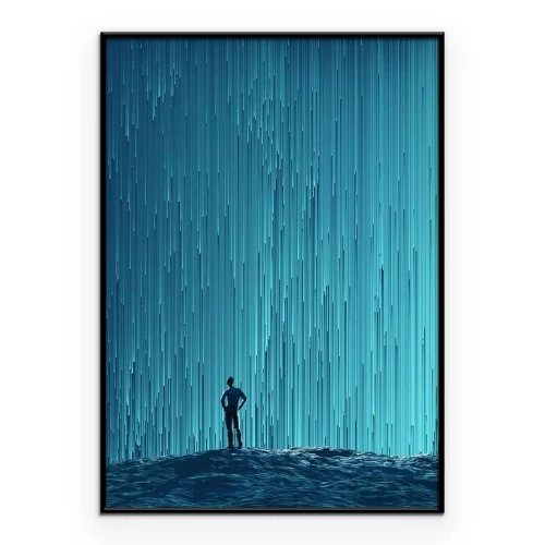 Poster Tekening van een man die in de stromende regen loopt.