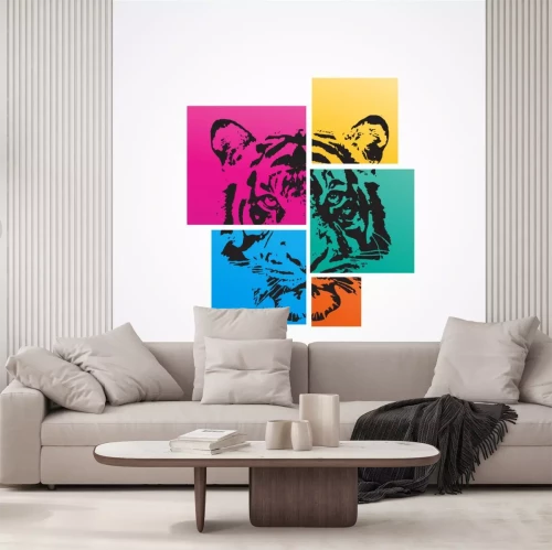 Sticker Tijgerkop in gekleurde vierkanten