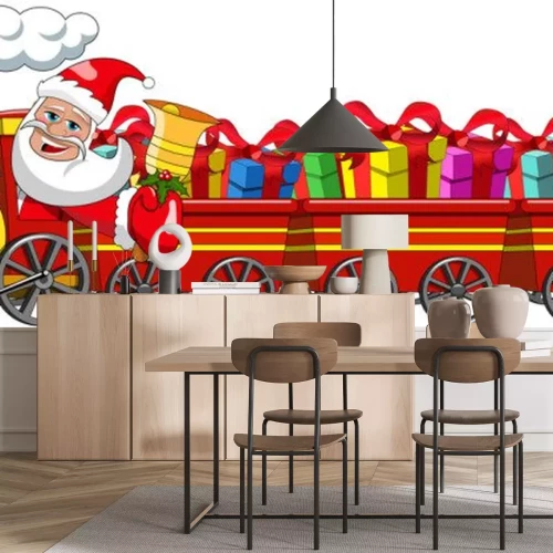 Sticker Cartoon Santa Claus leveren van giften rijden stoomlocomotief met geïsoleerde drie wagons
