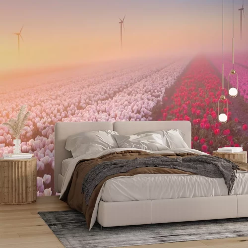 Sticker Aanplanting van rode en roze tulpen