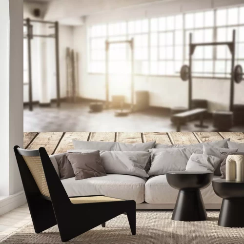 Fotobehang Een stijlvolle sportschool met gewichten in vintage-stijl