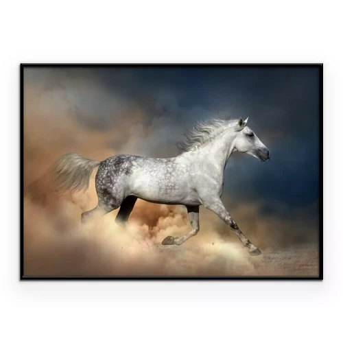 Poster Een kleurrijk paard tegen een artistieke achtergrond.