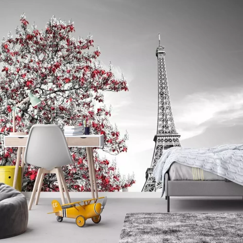 Fotobehang Eiffeltoren en een bloeiende boom