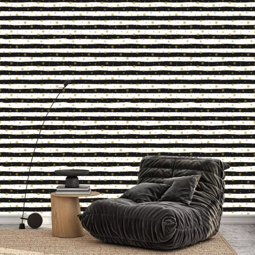 Behang Patroon met zwarte en witte strepen tussen sneeuwvlokken