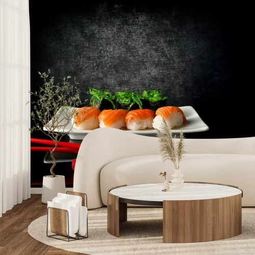 Fotobehang Stukjes sushi met eetstokjes