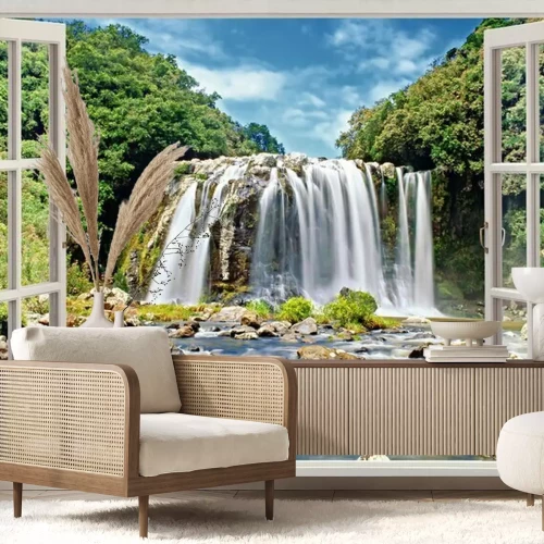 Fotobehang Uitzicht door het raam op de waterval