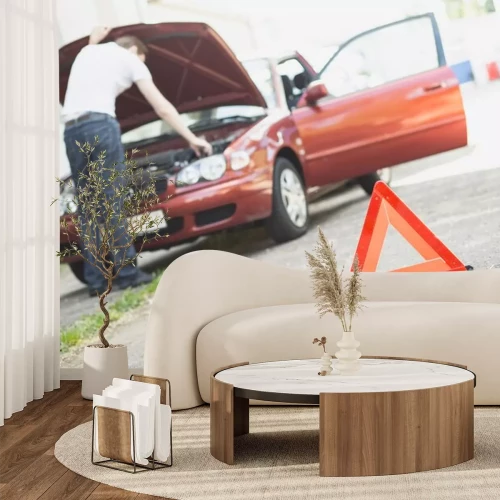 Sticker Gevarendriehoek met autopech op de achtergrond